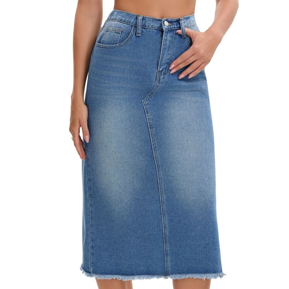 Women's Long Denim Skirt Elastic Waist Split Jean Skirts Blue